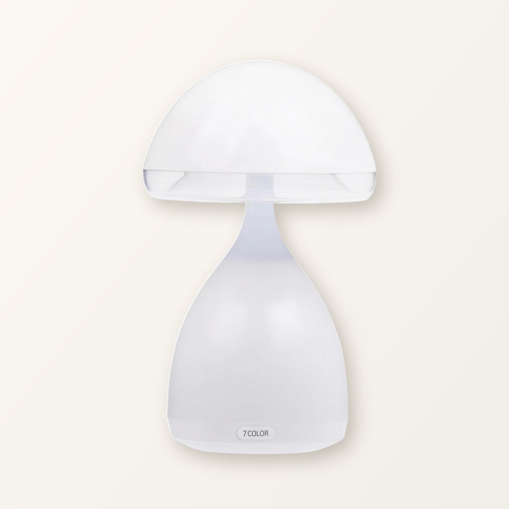 White mushroom table lamp with a frosted cap and bell-shaped base on a plain cream background