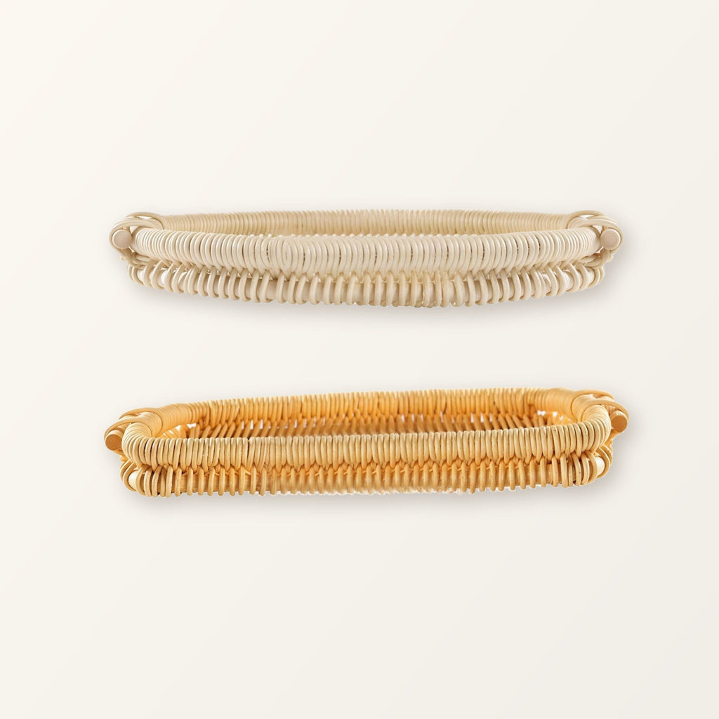 Side view of the round and rectangular rattan trays showing the low 1.4 inch rim