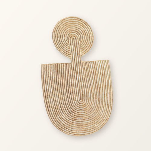 Abstract Wall Mask 1 in natural woven fibre: a coiled circle above a rounded shield shape, on a plain background