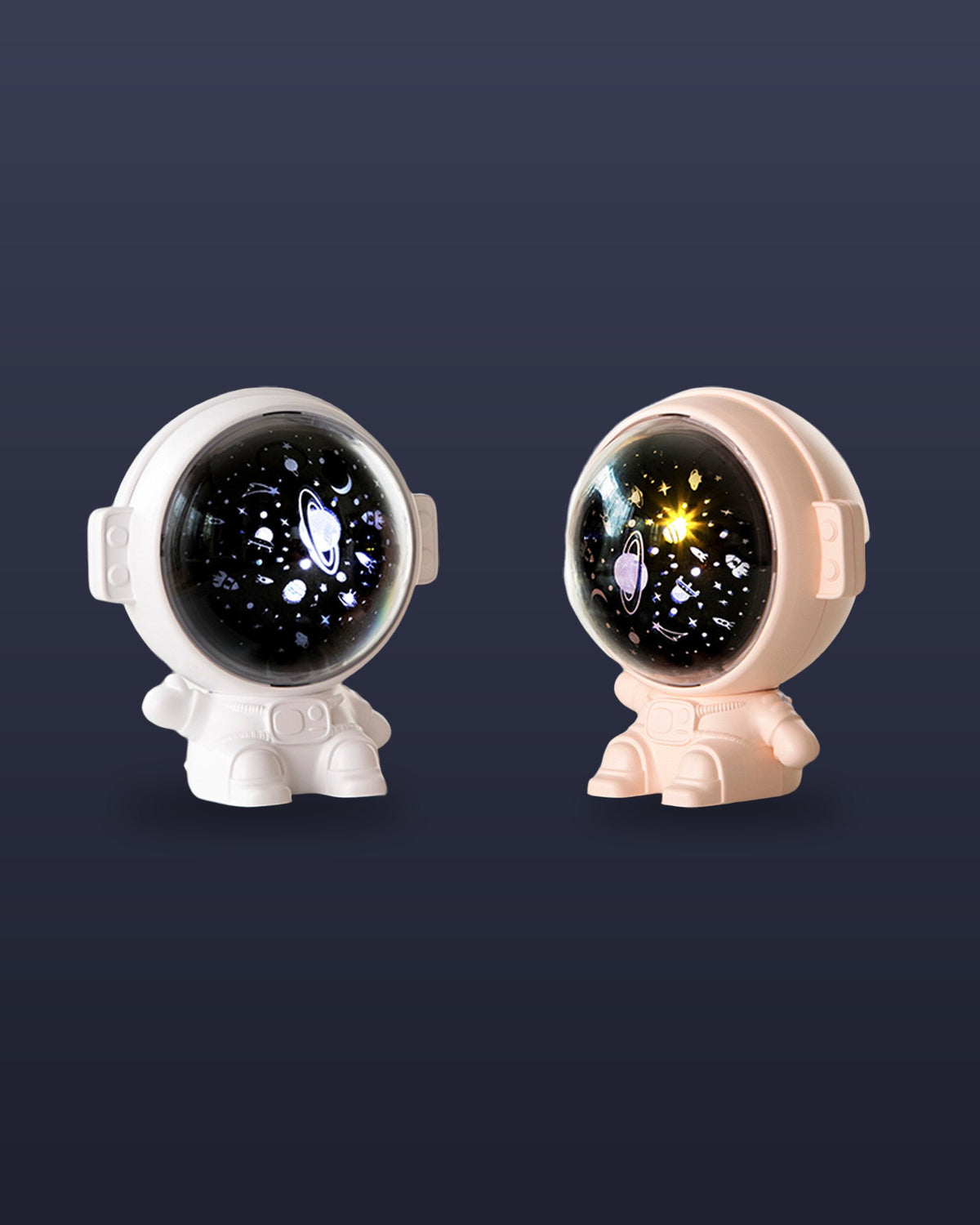 The astronaut projector in white and in pink side by side, visors lit
