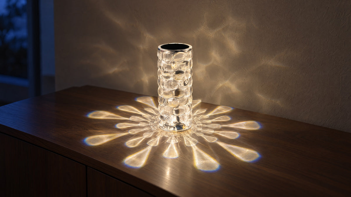 Crystal-look acrylic lamp switched on in a warm white tone on a walnut sideboard in the evening, a starburst of droplet-shaped light around its base