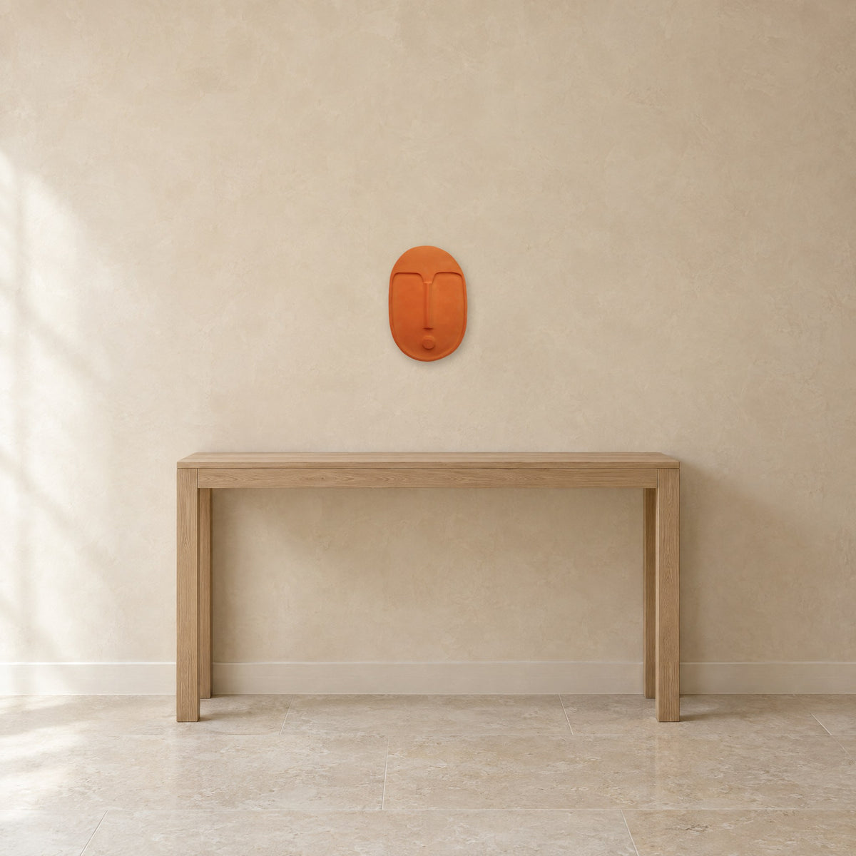 Ceramic wall mask, 11 x 7.5 in, shown to scale above a 47 in oak console
