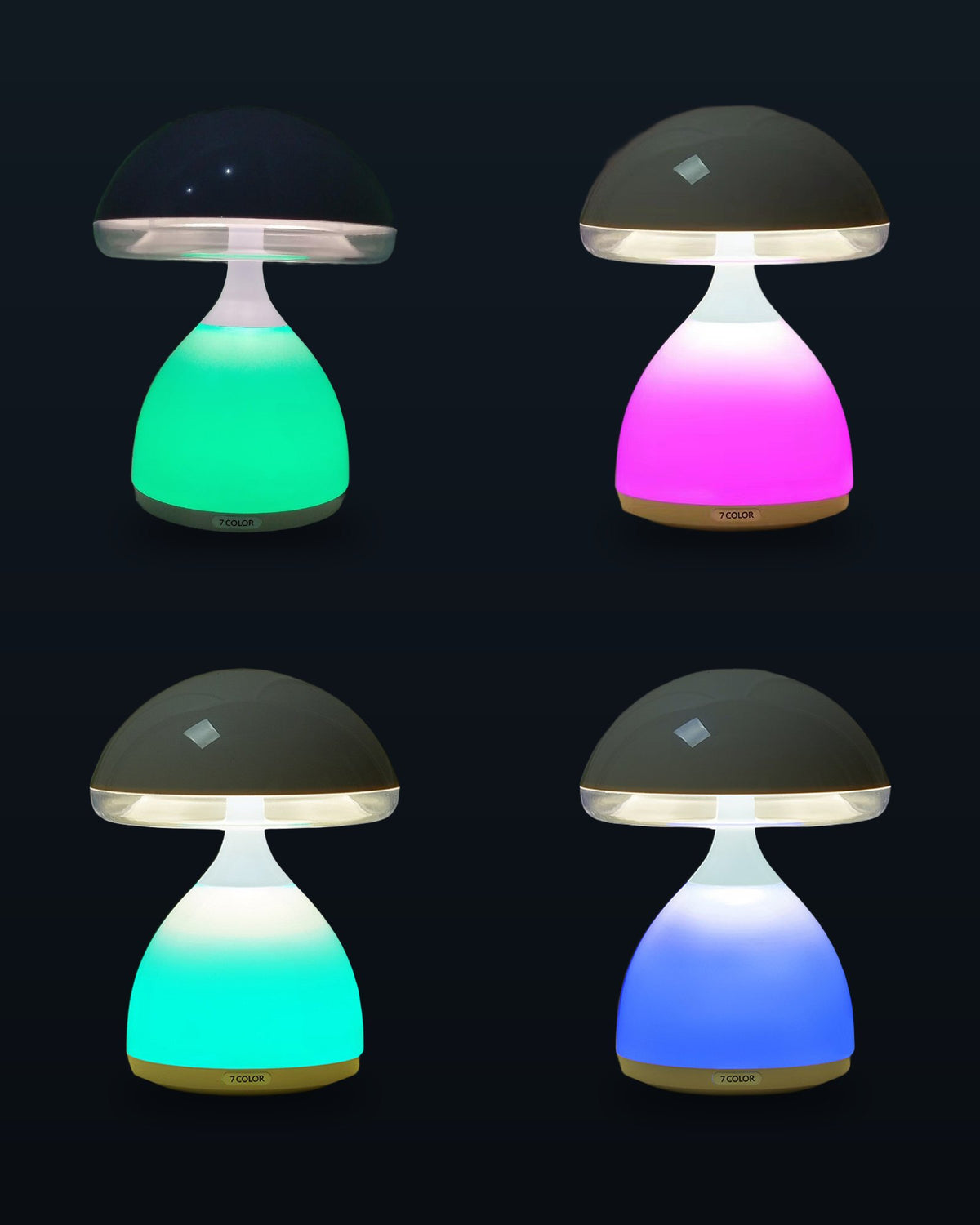 The mushroom lamp four times, its base glowing green, pink, teal and blue, as in the supplier's photos