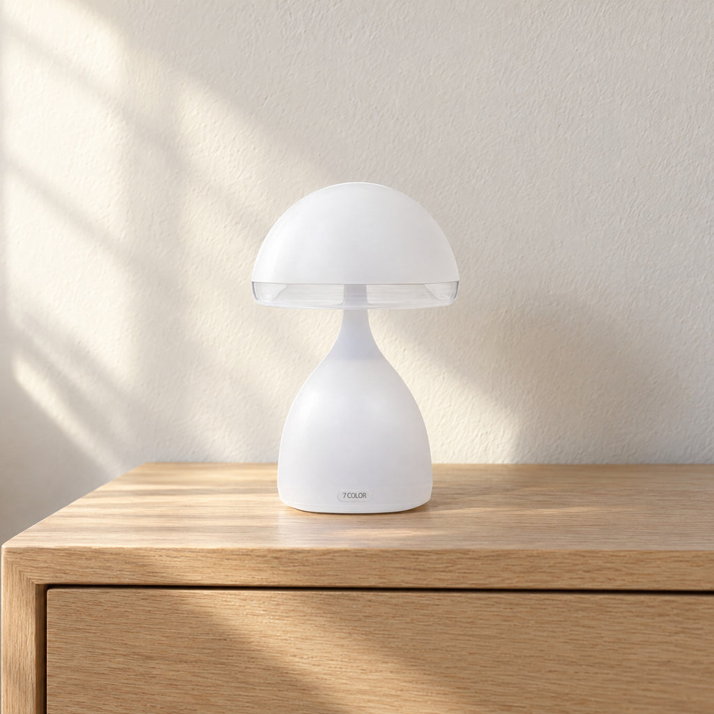 Mushroom table lamp switched off in morning light on an oak nightstand, frosted white cap and base with a small 7COLOR print