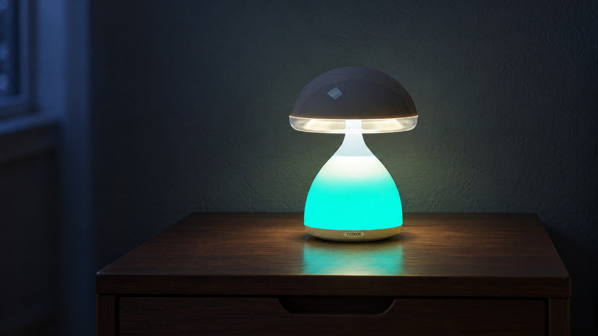 Mushroom table lamp switched on at night on a walnut nightstand: warm white light under the cap and a teal glow in the base