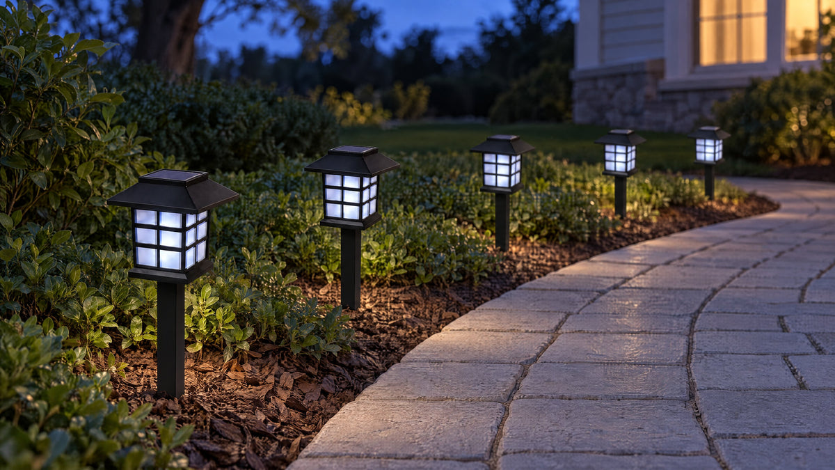 Five pagoda solar path lanterns glowing cool white at dusk along a curved stone garden path
