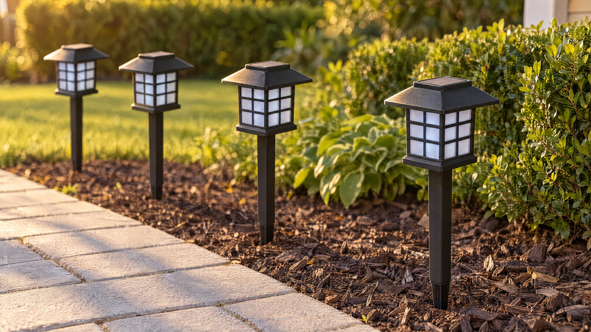 Four black pagoda solar path lanterns, switched off, in a mulch border beside a stone path in late-afternoon sun