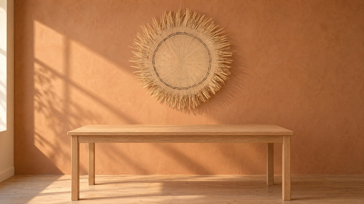Sun Circle woven wall piece on a terracotta plaster wall above a light oak dining table, in late-afternoon sun